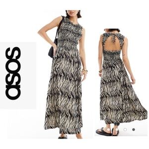 ASOS DESIGN Crinkle Shirred Bodice Maxi Dress With Open Back In Animal Print 14